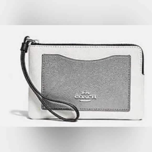 Coach Handbags - Coach Chalk & Silver Crossgrain Leather Corner Zip Wristlet